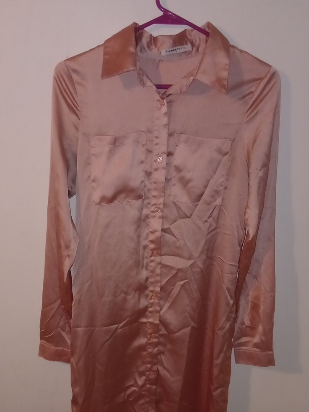 Glamorous Satin Button-Down Shirt Dress - Blush Peach